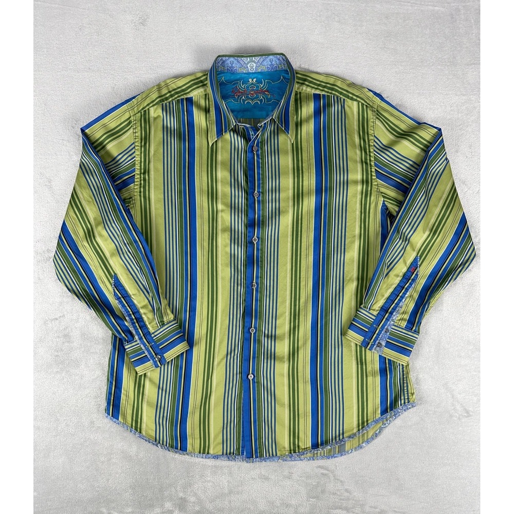 Robert Graham Shirt Mens 2XL Green Blue Stripes Silk Trim Paisley Flip Cuff